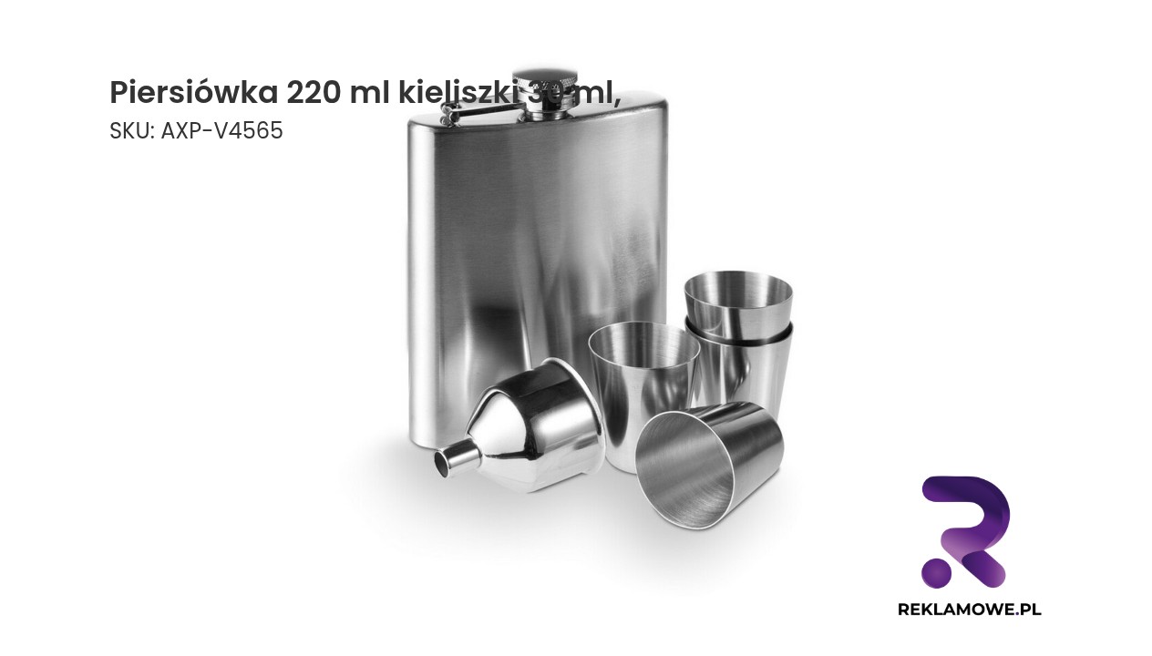 Piersiówka 220 ml, kieliszki 30 ml, lejek Piersiówka 220 ml z kieliszkami 30 ml i lejkiem – zestaw stalowy